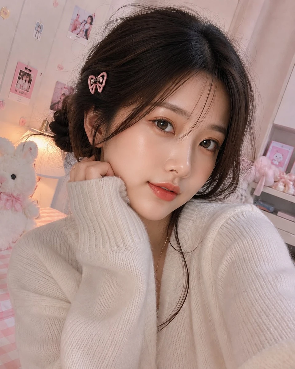 Ultra-realistic close-up indoor selfie portrait of a beautiful woman (Fac...