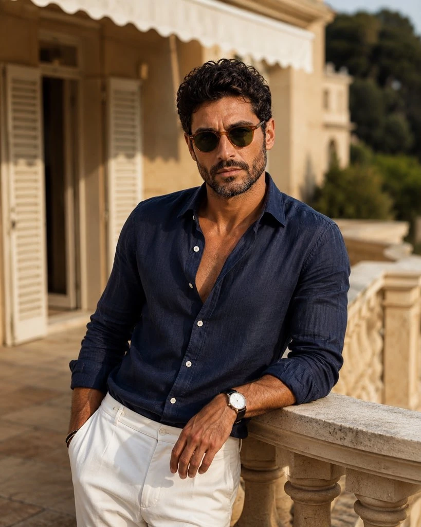 A cinematic luxury lifestyle portrait of a stylish young man standing on...