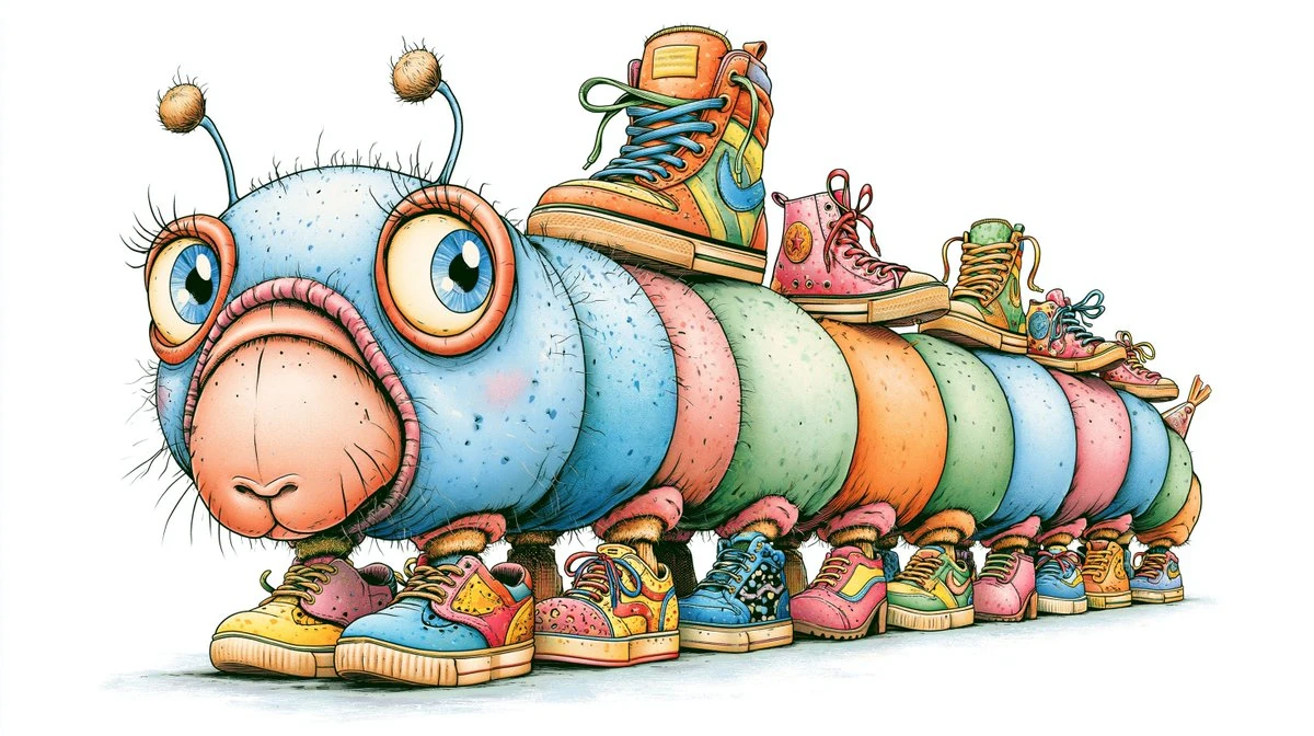 a whimsical caterpillar in a retro flat vector caricature style, with an...