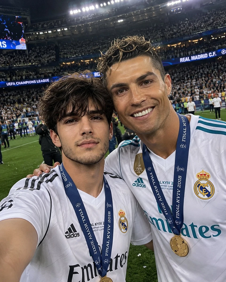 Excited football fan taking a selfie with a professional player on the pi...