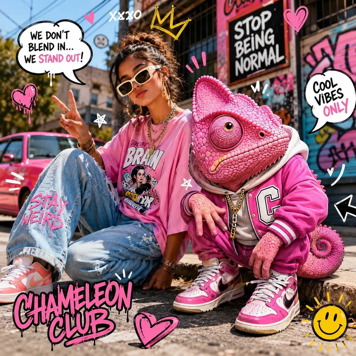 Ultra-detailed Y2K streetwear fashion editorial, vibrant urban graffiti a...