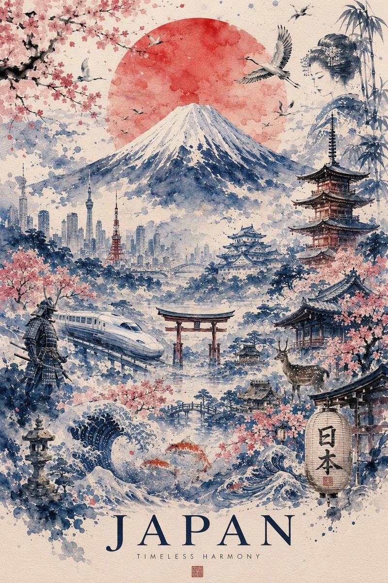Ultra-detailed watercolor travel poster of Japan, painted in a refined tr...