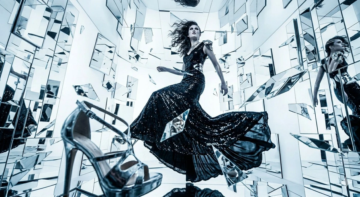 A high-fashion editorial full-body shot of a woman in a shimmering, blac...