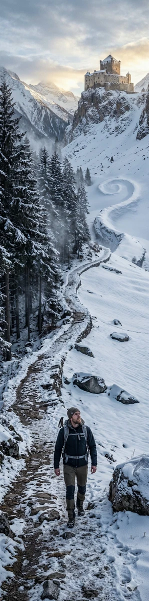 Ultra-realistic vertical panorama, ratio 1:4, Swiss alpine setting in lat...