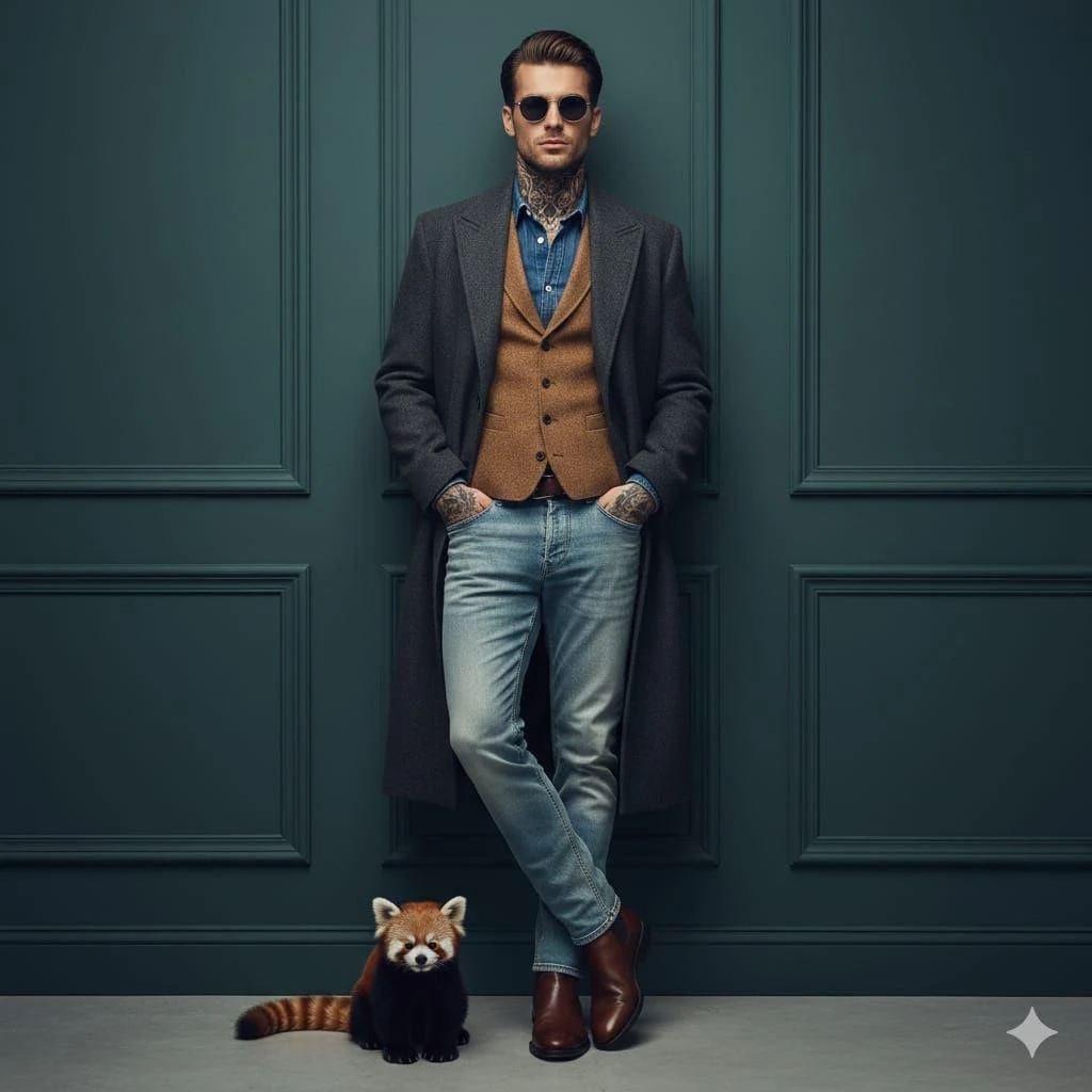 A cinematic fashion portrait of a stylish man leaning against a dark teal...