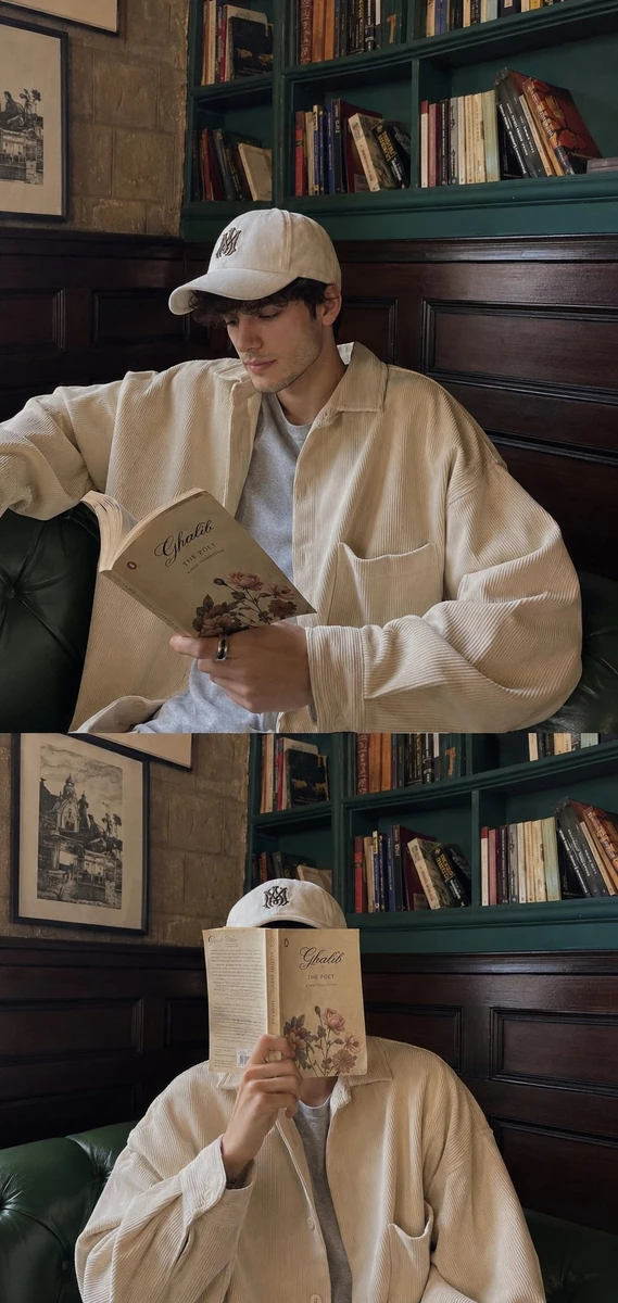 A lifestyle collage of a young man relaxing inside a cozy aesthetic cafe/...