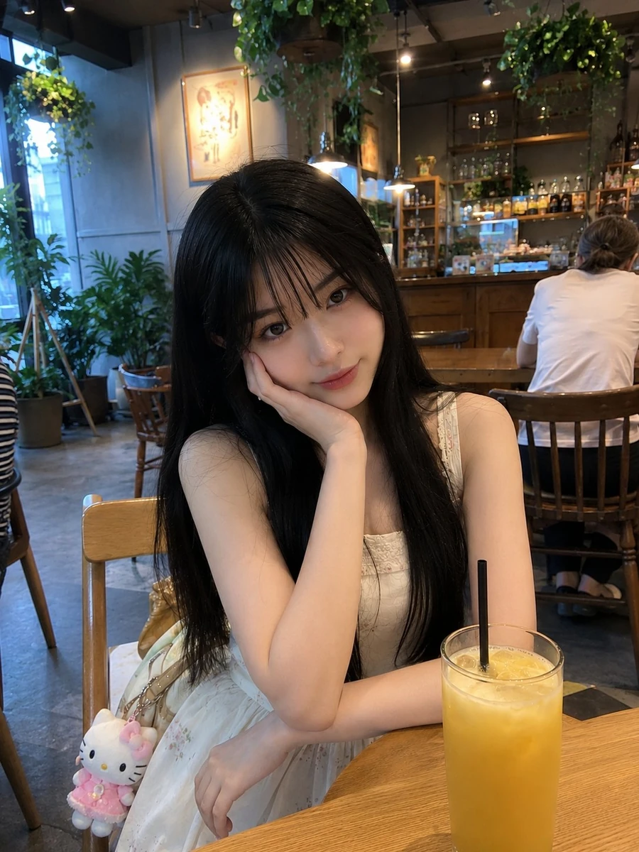 Young Japanese girl with long silky black hair, soft wispy bangs, fair gl...