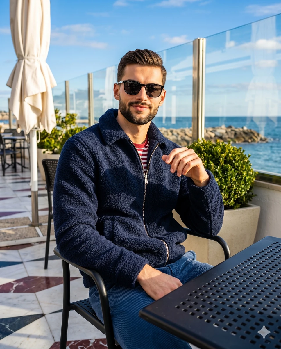 A realistic lifestyle portrait of a confident young adult male sitting on...