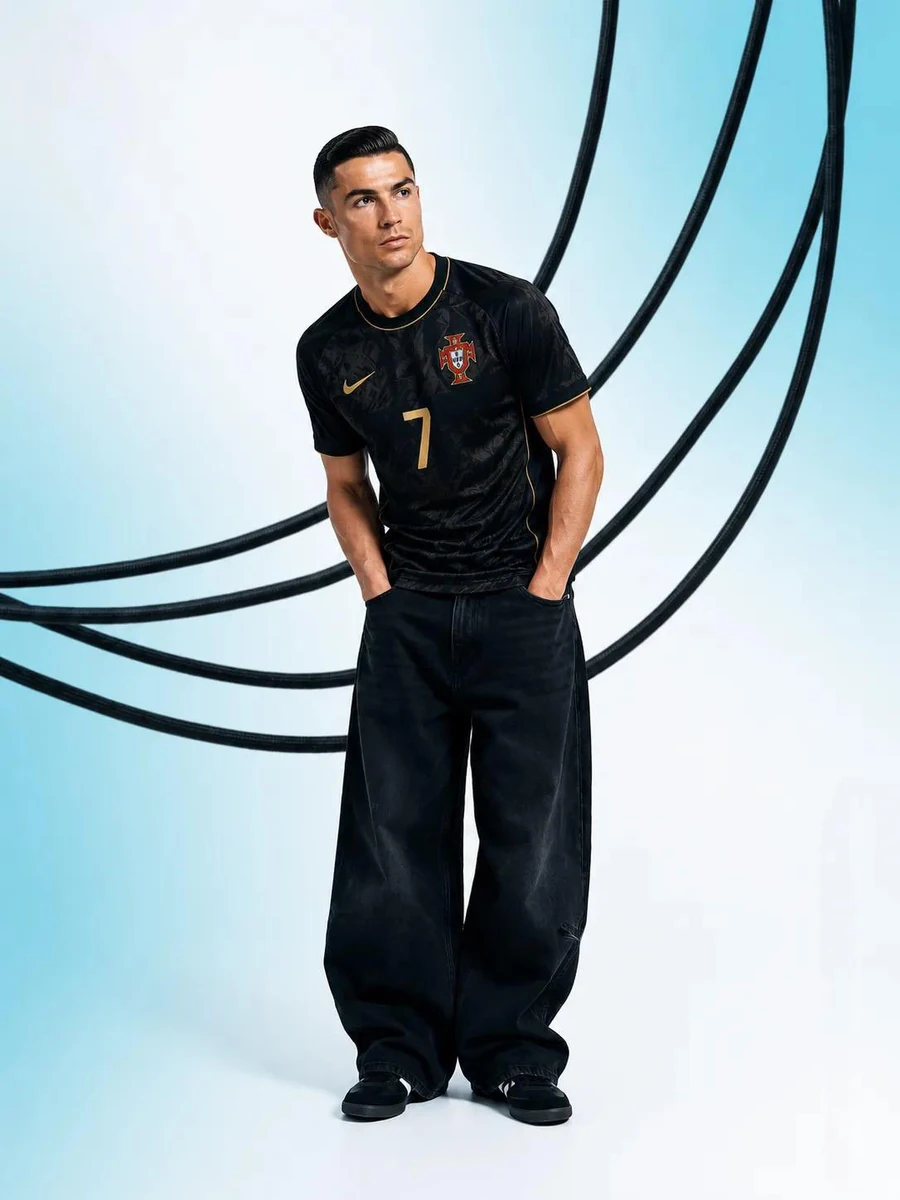 Ultra-fashion editorial studio portrait of a world-class football superst...