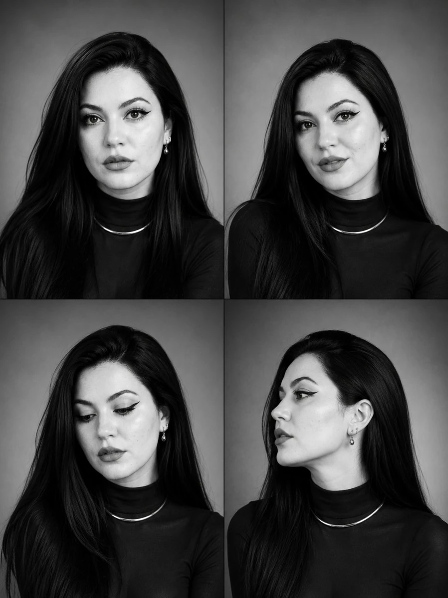Black-and-white fashion casting contact sheet of a woman with ultra-long...