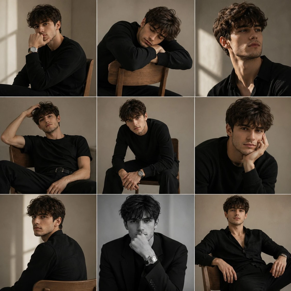 A premium fashion editorial portrait series featuring a stylish young man...