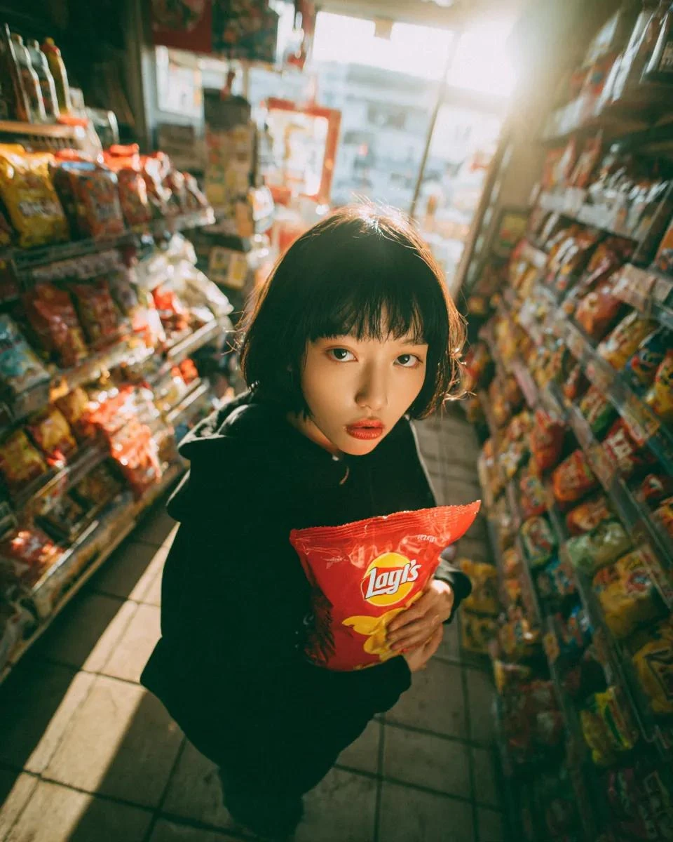 A young girl inside a convenience store, top-down angle shot, slightly wi...