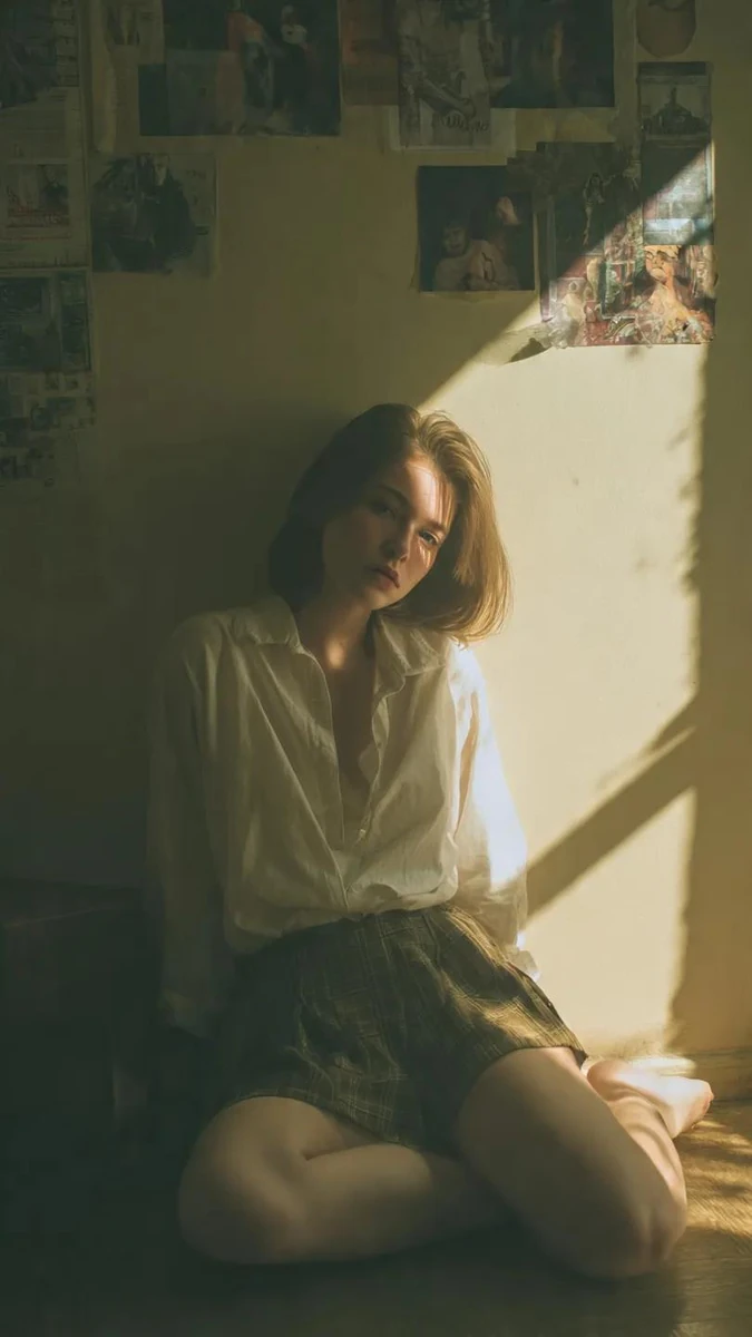 Cinematic portrait of a young woman sitting on the floor in a small vinta...