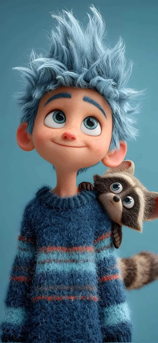Cute stylized 3D animated boy with messy fluffy blue hair and big express...