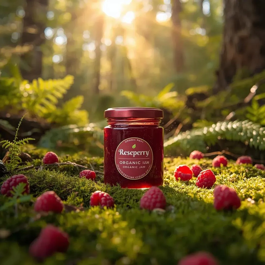High-end commercial food product photography of a (glass jar of raspberry...