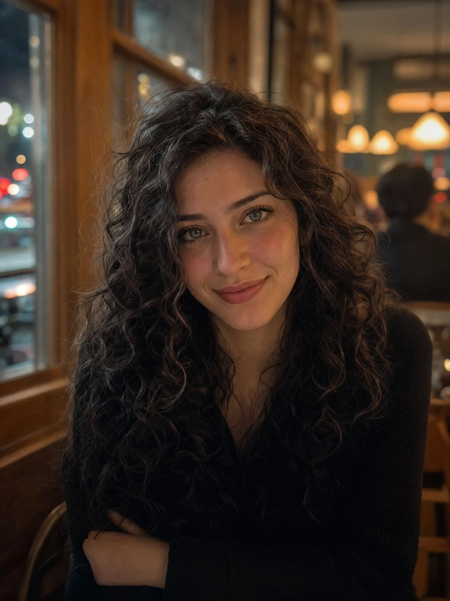 Ultra-realistic portrait of a young woman sitting in a cozy café at night...
