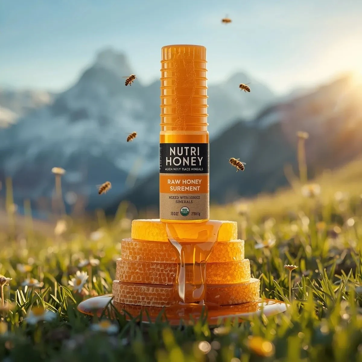 Ultra-realistic product photography of a golden honey bottle labeled “Nut...