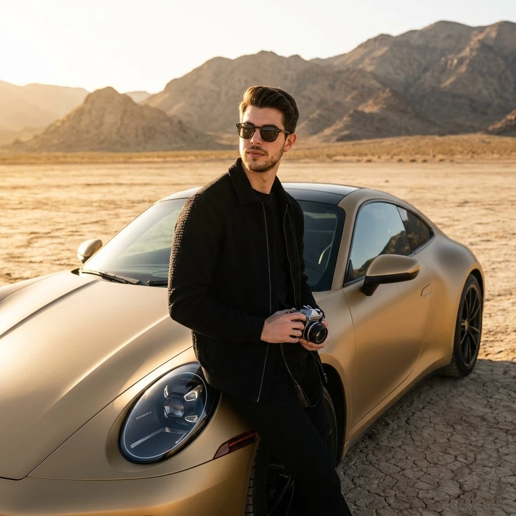 A stylish man standing beside a matte gold luxury sports car (Porsche 911...