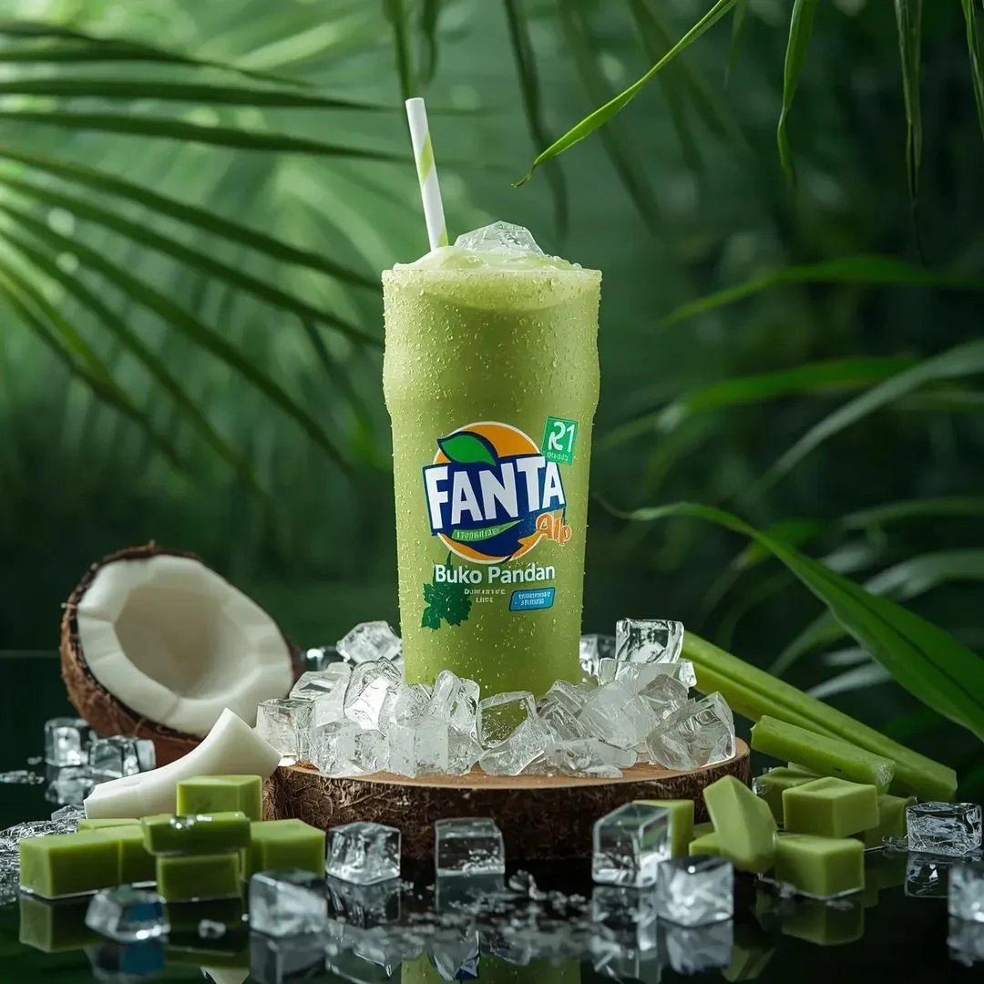 Hyper-realistic lifestyle product shot of a cold FANTA – Buko Pandan can...