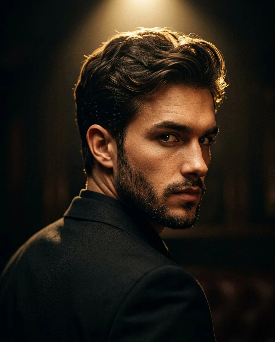 Ultra-realistic cinematic portrait of a stylish man in a black suit, capt...