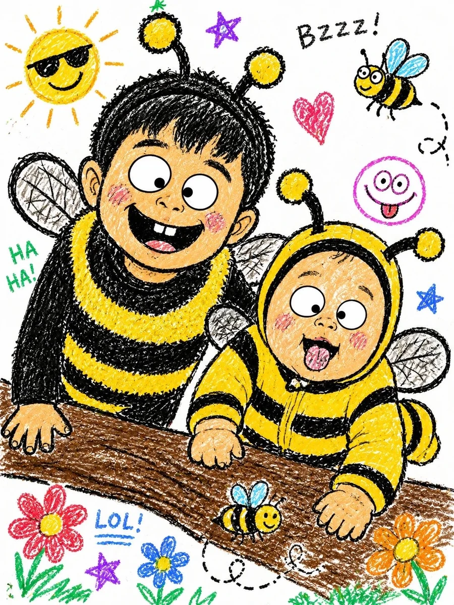 Crayon-style illustrated portrait of two children wearing bumblebee costu...