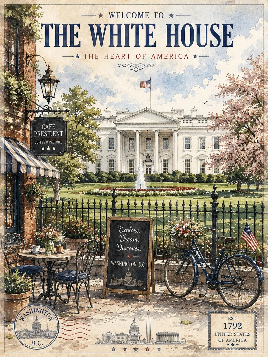 A charming vintage-style watercolor travel poster of the White House in W...
