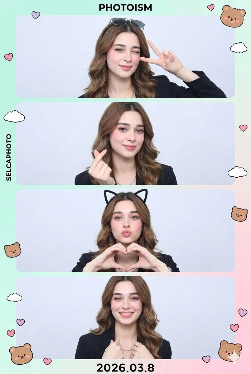 Transform this photo into a Korean selca zone 4-cut photo strip. Create 4...