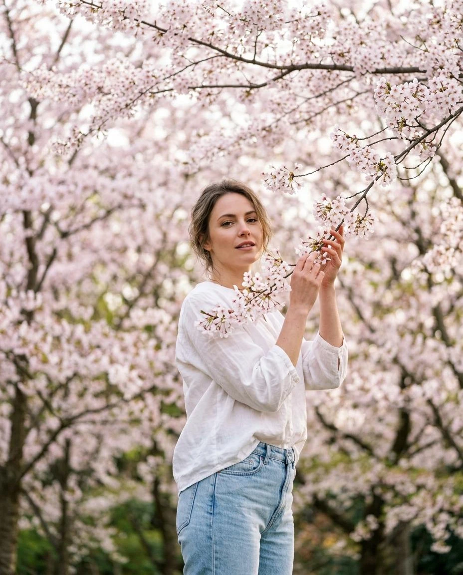 A soft, dreamy portrait of a young woman standing in a blooming cherry bl...