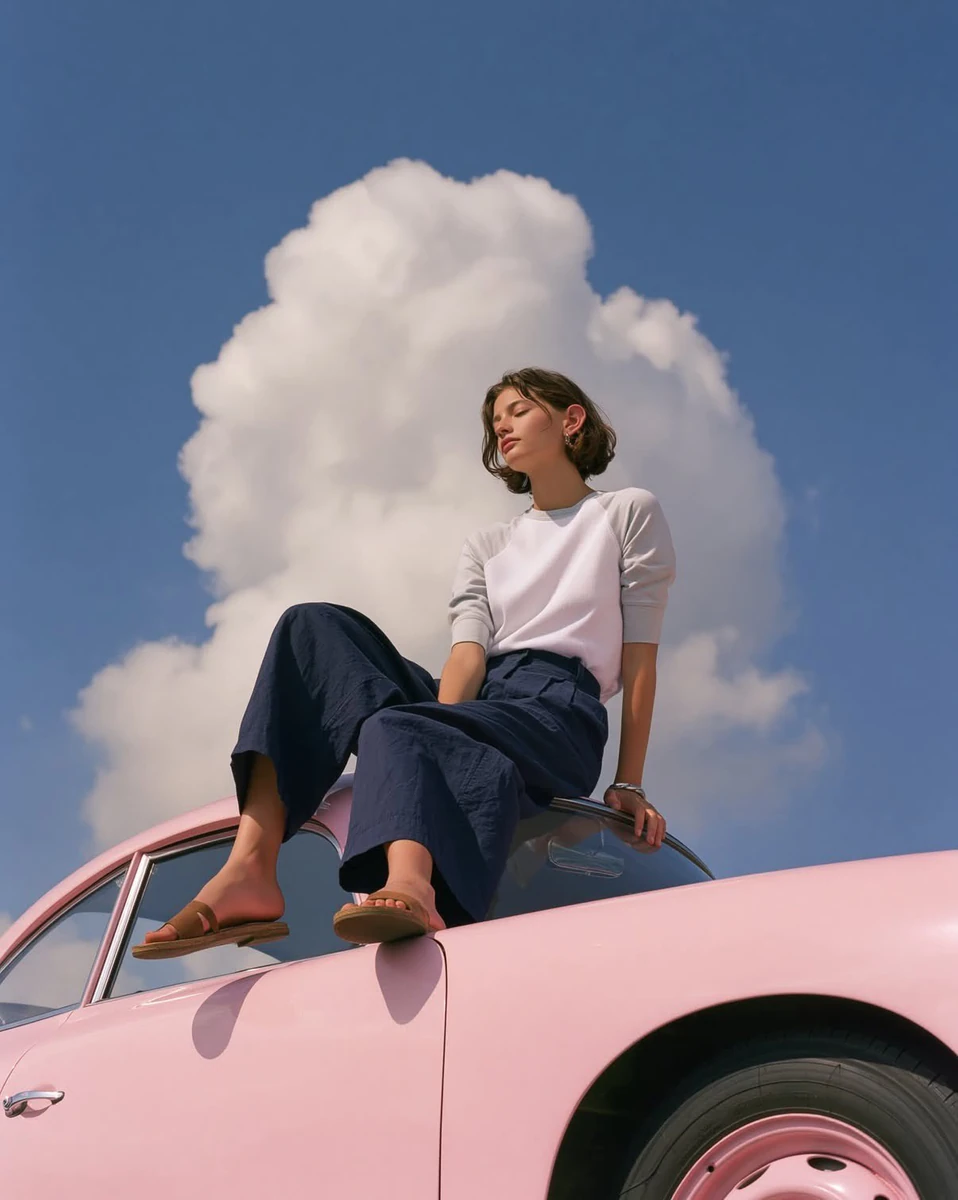 A dreamy editorial fashion photograph of a minimalist young woman sitting...