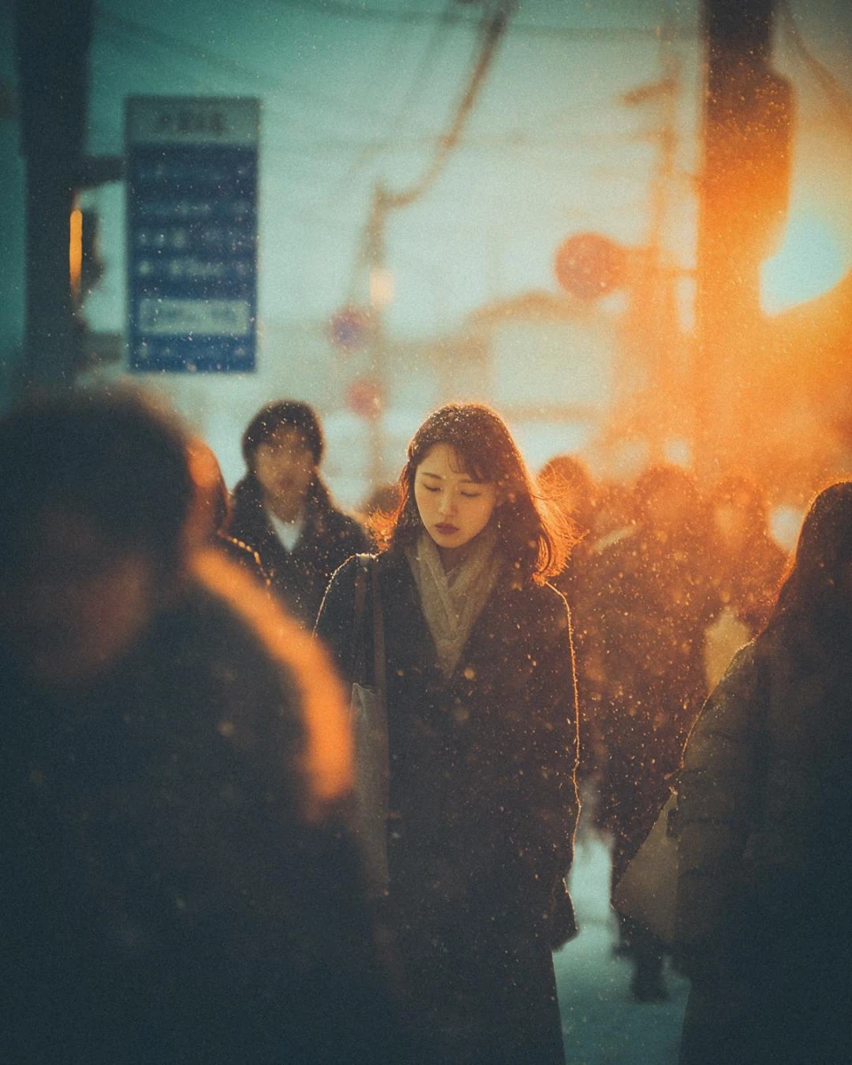 subject": "Young Asian woman walking alone through a busy crowd, solitary...