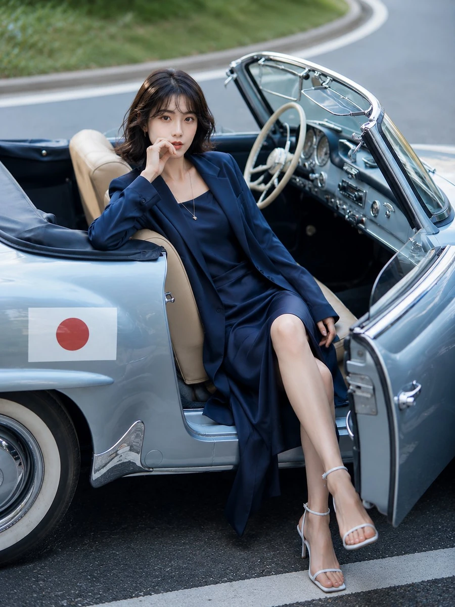 A cinematic luxury fashion portrait of an elegant young Japanese woman si...