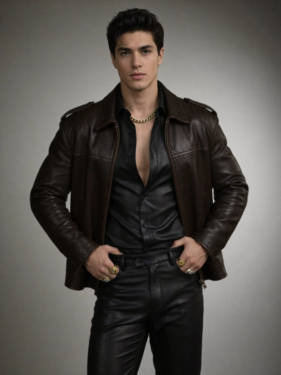 Cinematic fashion editorial photo, medium-full portrait from mid-thigh up...