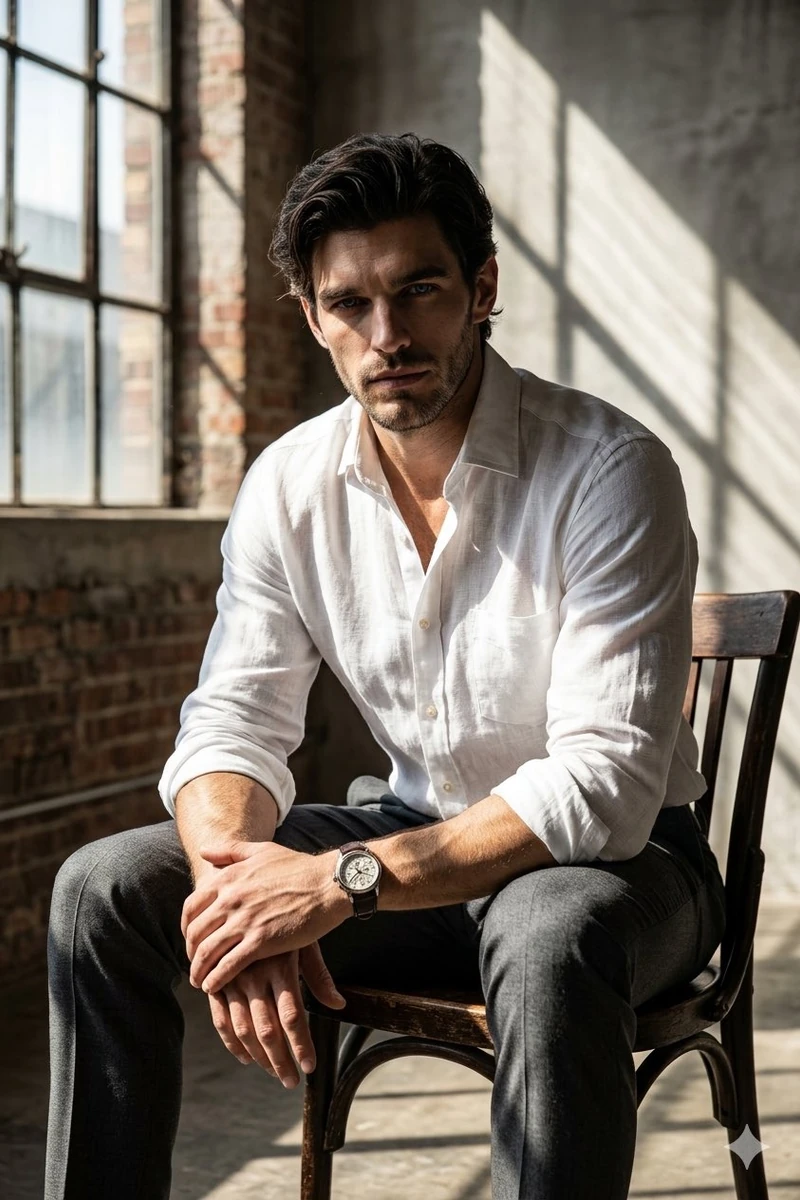 Moody cinematic portrait of a stylish man seated on a dark wooden chair i...