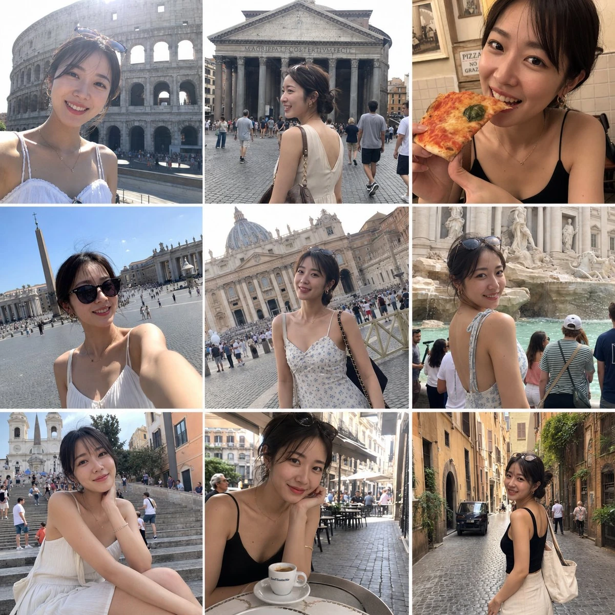 Objective": "Generate a 3x3 grid collage of travel vlog-style photos feat...