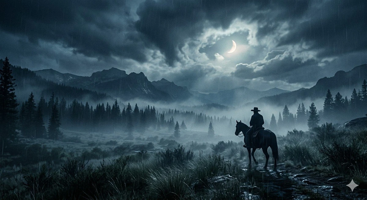 A lone cowboy silhouetted against a moonlit sky, riding across a misty, f...