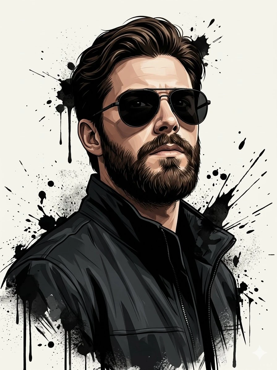 A stylish man with a thick beard wearing black sunglasses and a dark stre...