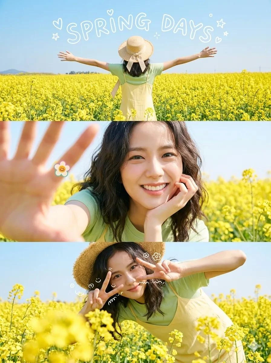 Bright spring lifestyle collage in a 3-frame vertical layout featuring a...