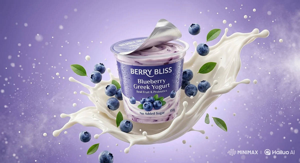 Ultra-realistic commercial product photography of a blueberry yogurt cup...
