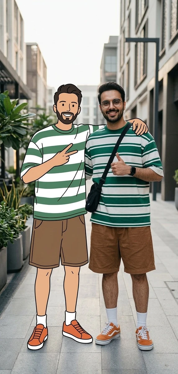 A cinematic street fashion scene featuring me with exact same facial and...
