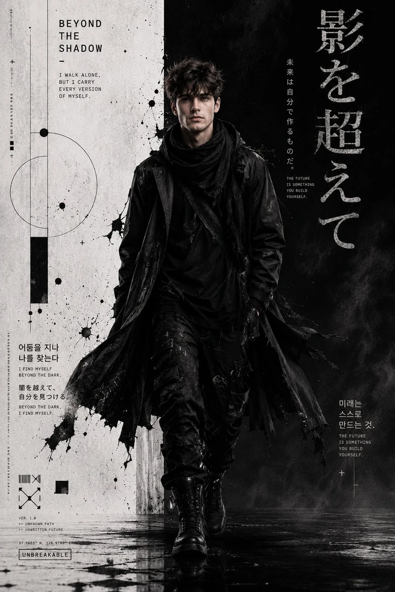 Ultra-detailed cinematic cyber-grunge fashion poster of a young man walki...