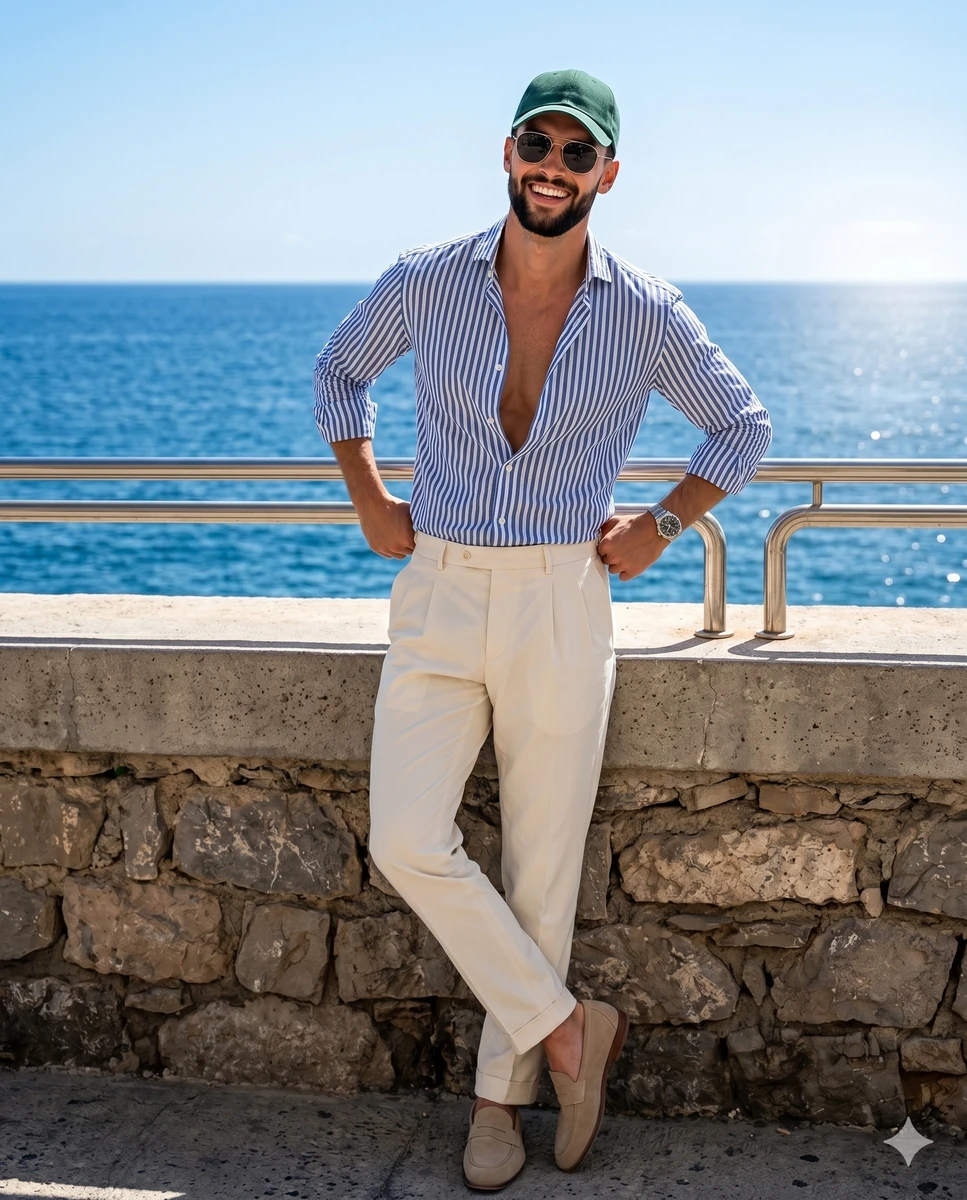 A stylish young man stands in the center of the frame in a full-body port...