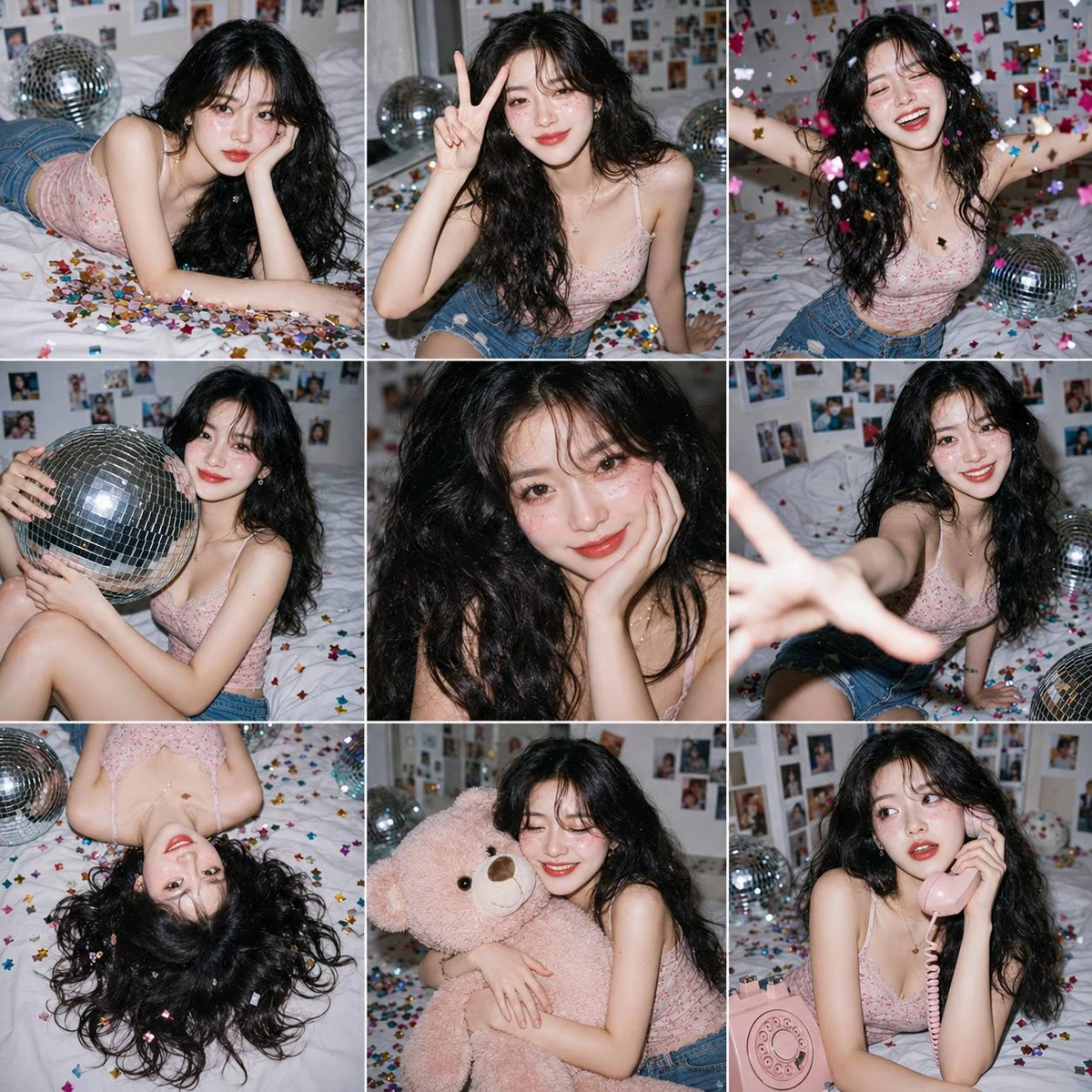 3×3 photo collage (9-panel grid), same cute young Asian woman in every pa...