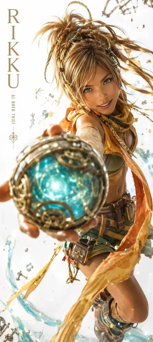 A hyper-realistic, high-fidelity cinematic character portrait of Rikku fr...