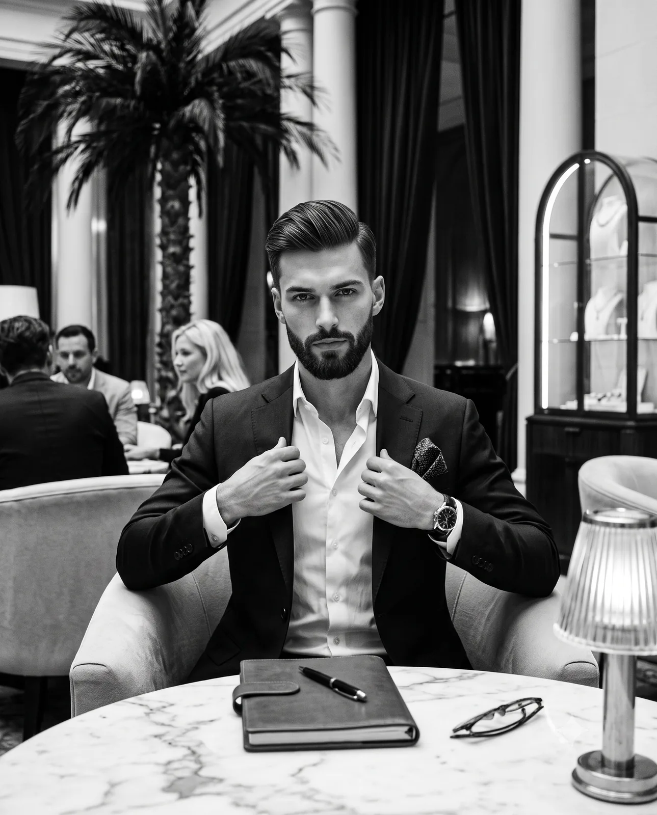 A handsome, sophisticated man with sharp facial features, a strong jawlin...