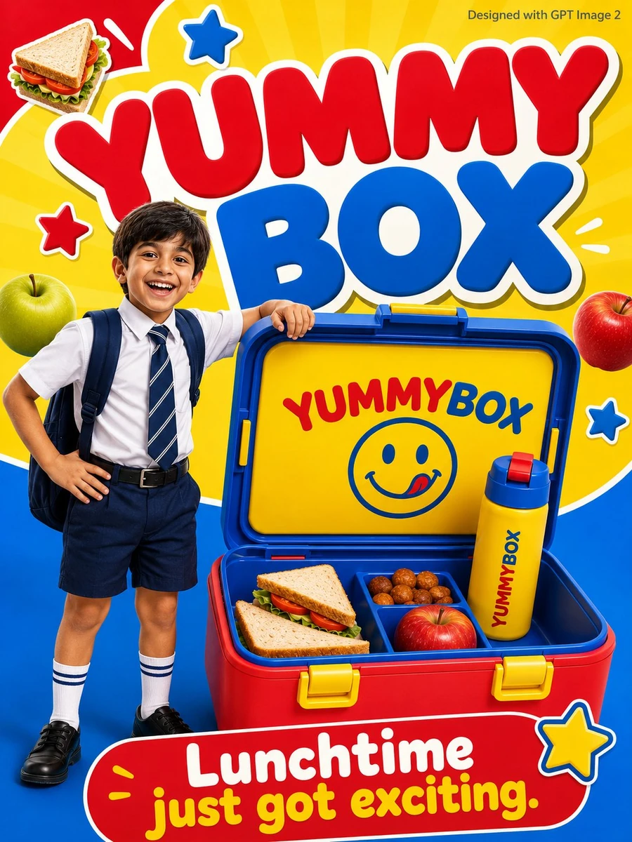 - A bright fun kids mealtime advertisement poster. A cheerful young boy a...