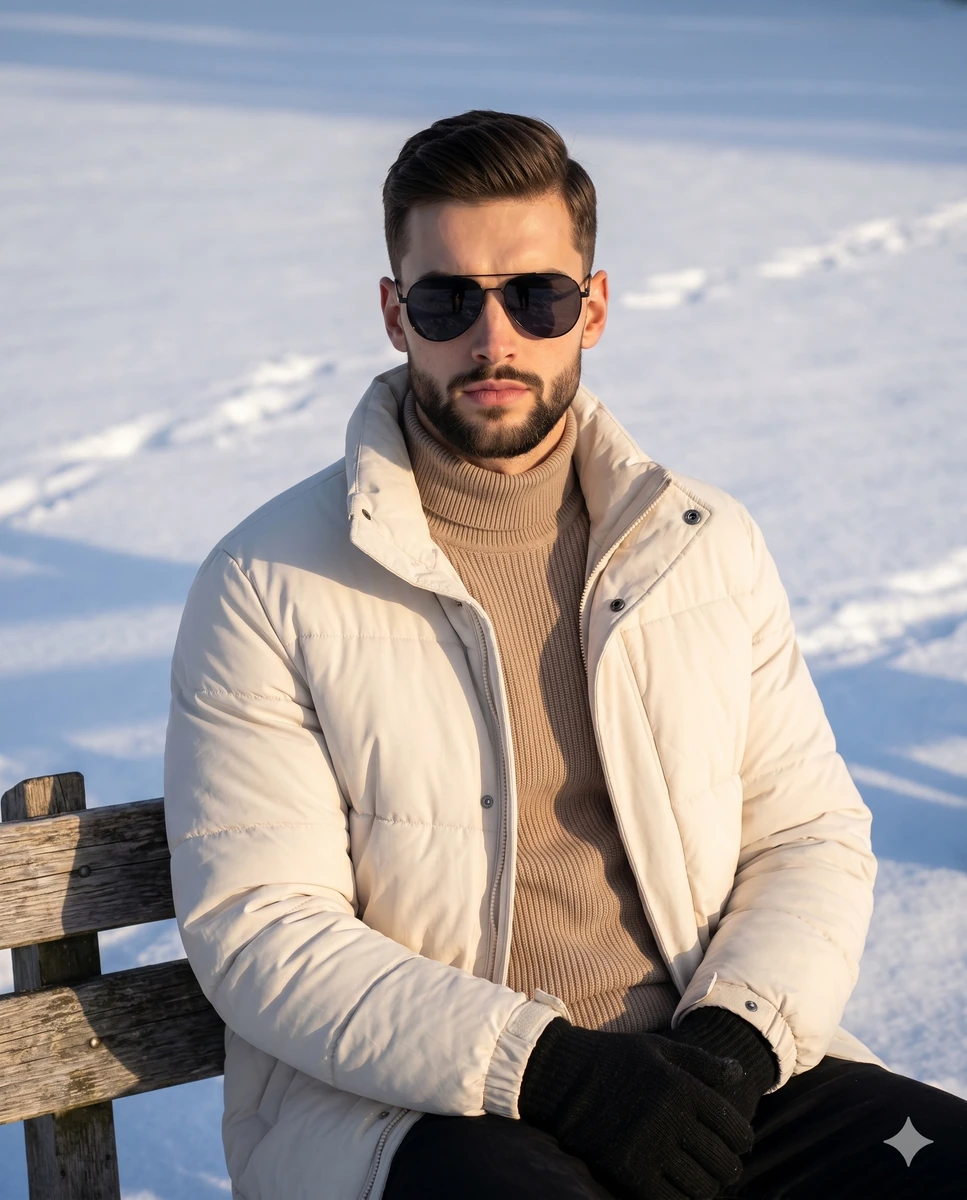 A young male sits confidently in a serene winter portrait, dressed in con...