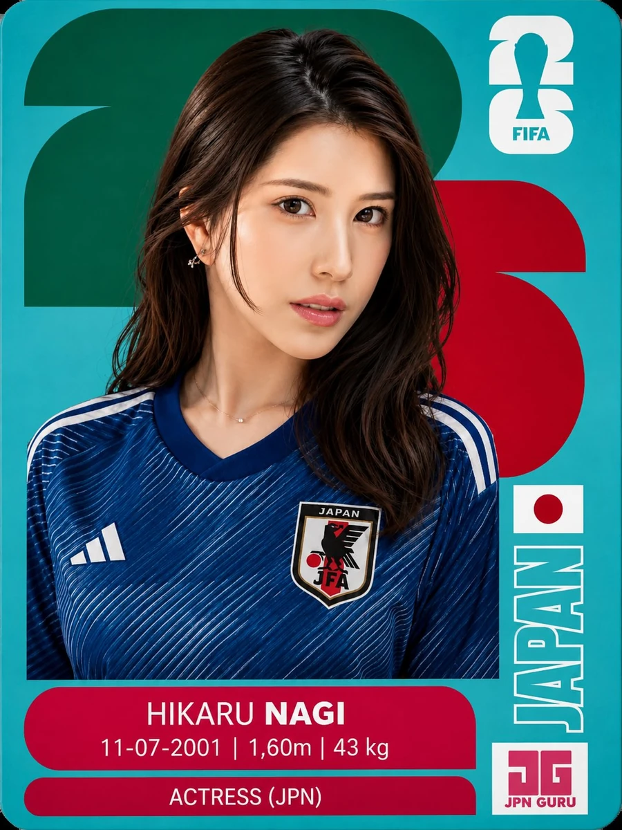 Ultra-realistic FIFA World Cup player card featuring a beautiful young Ja...