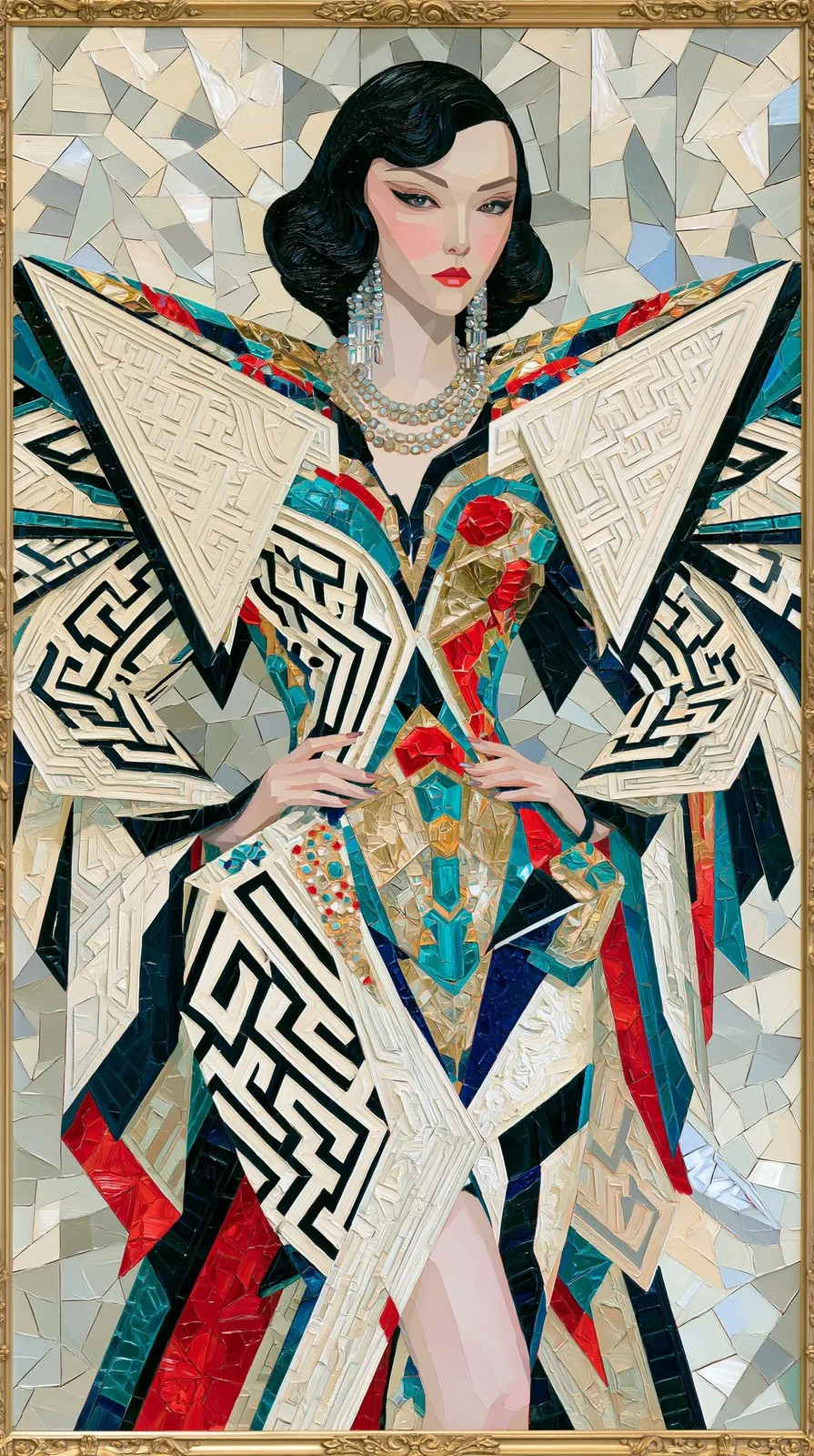 Regal woman facing forward in a monumental sculptural couture gown with o...
