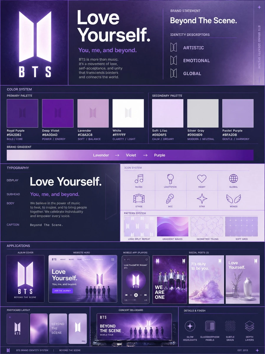 Using the BTS logo, generate a premium brand identity system poster. Ever...