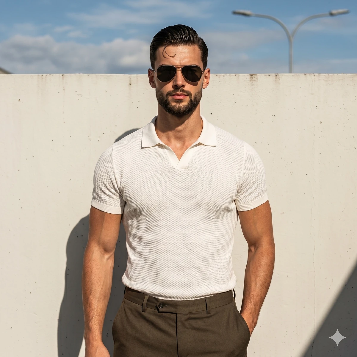 An extremely muscular man stands confidently centered, facing the camera...